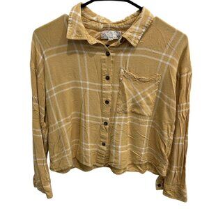 Pink Rose Vintage Plaid Medium Button Down Shirt Mustard Yellow Cropped